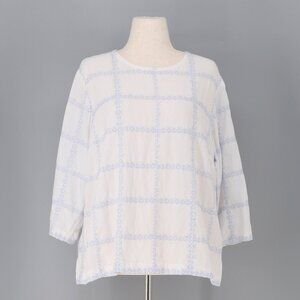 J. JILL White Blue Linen Blend Embroidered 3/4 Sleeve Top Size XLp